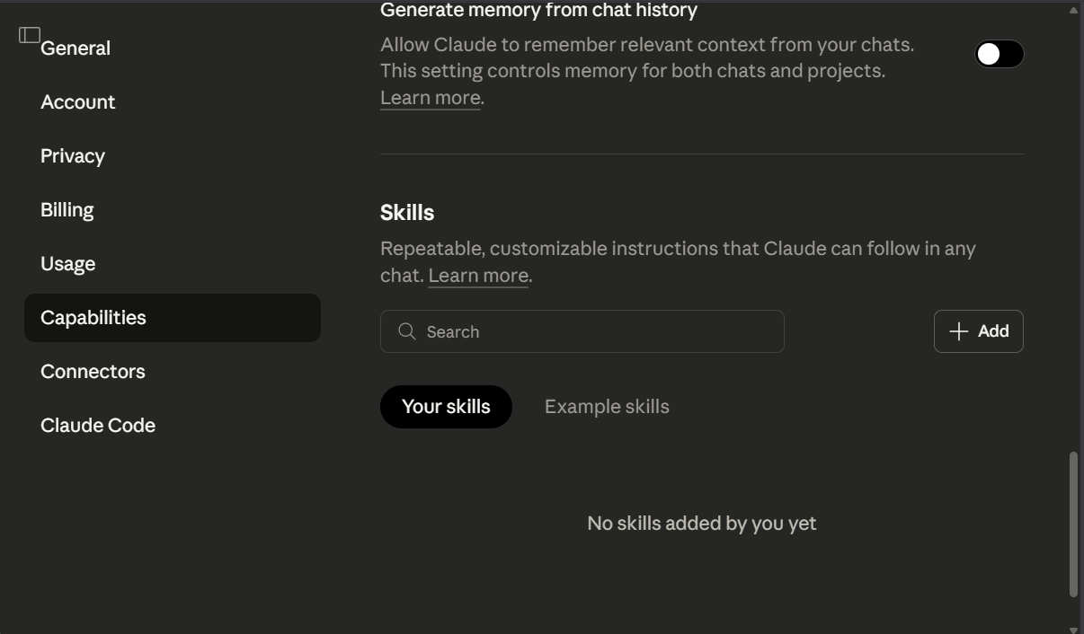 Skills Installation screen