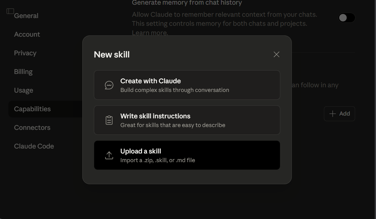 Skills Installation new skill modal
