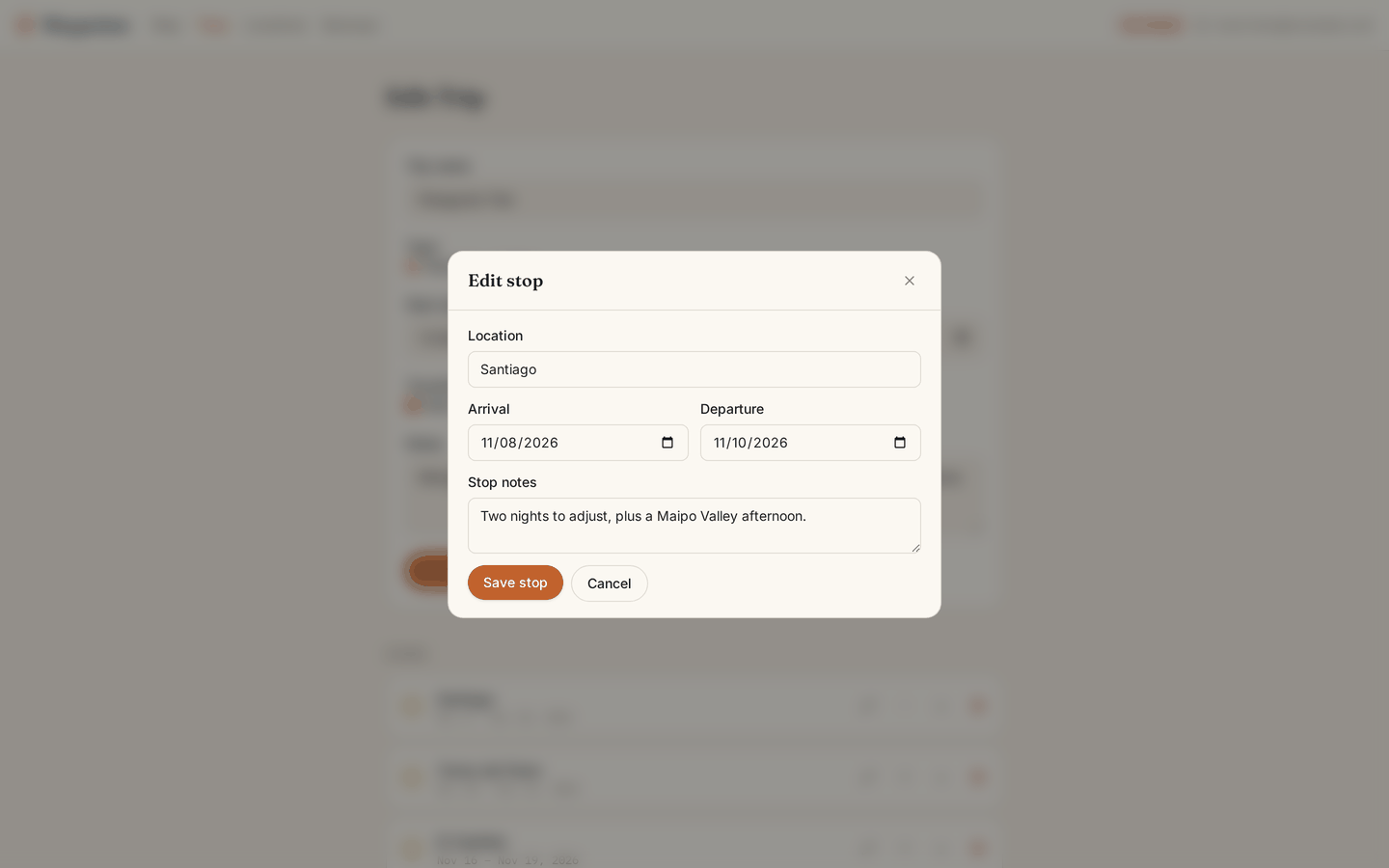 The "Edit stop" modal, pre-filled with the stop's current location, dates, and notes.