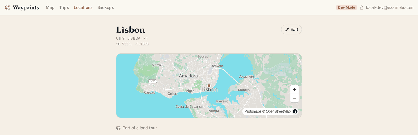 A location page: coordinates, visit style, tags, notes, and the trips that include it.