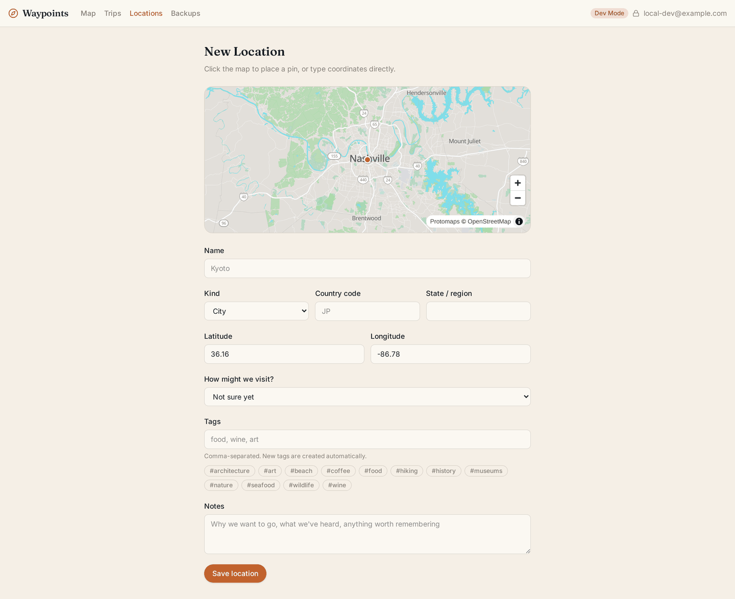 The location form: click-to-place map picker, and the existing tag vocabulary offered as toggles.