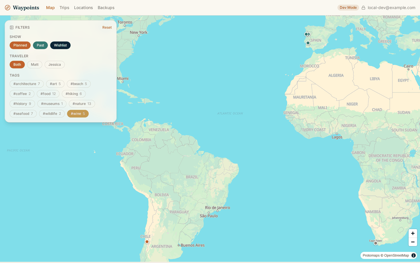 Filtering to the #wine tag: the map refits to the five matching locations and a Reset control appears.