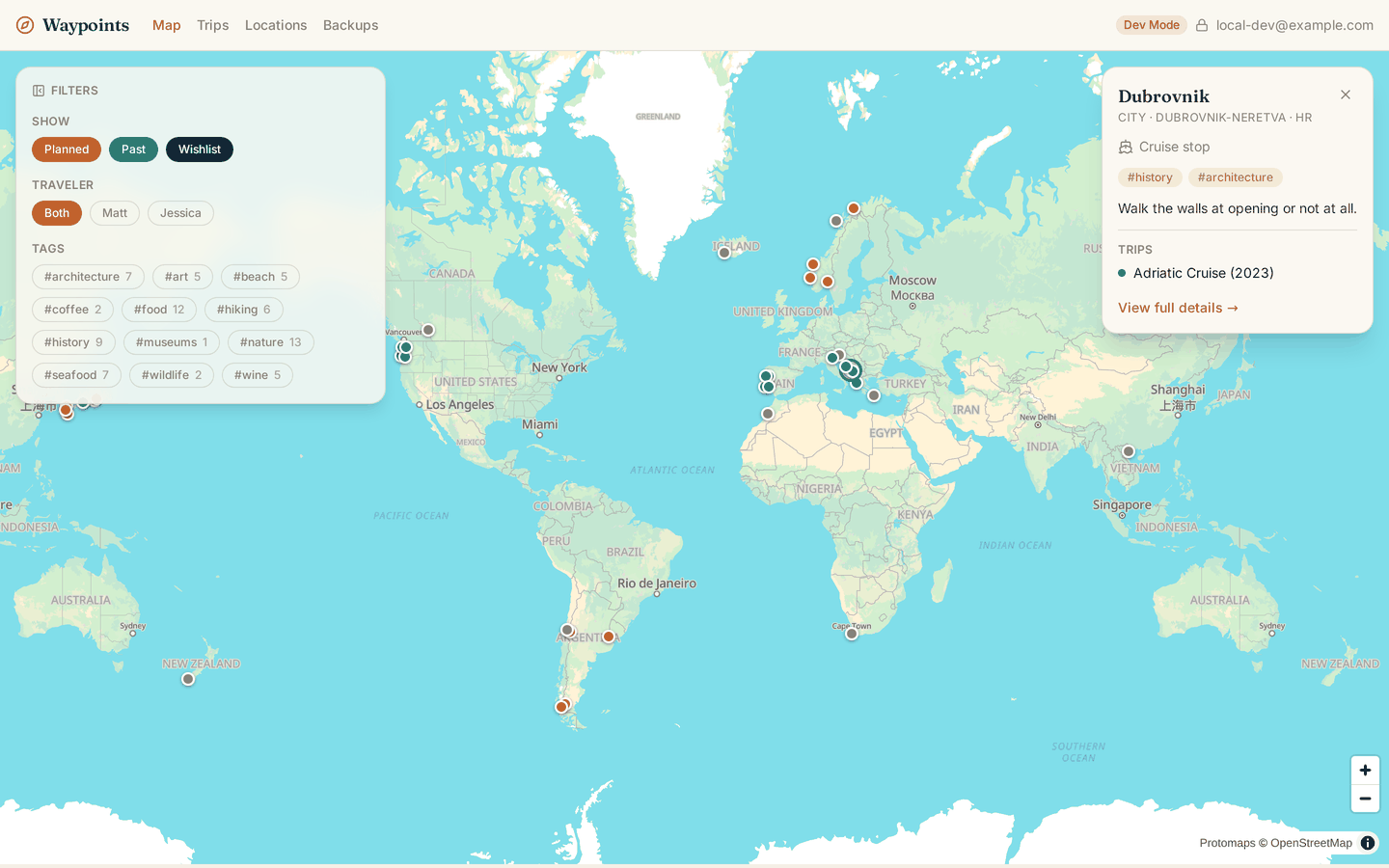 A pin's detail panel: kind, region, visit style, tags, notes, and which trips stop there.