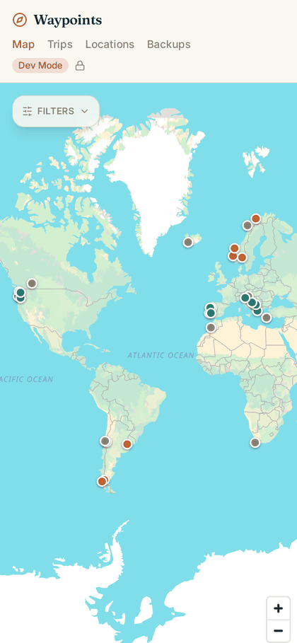 The map on a phone: filters collapsed to a single control, and the header drops the email address.