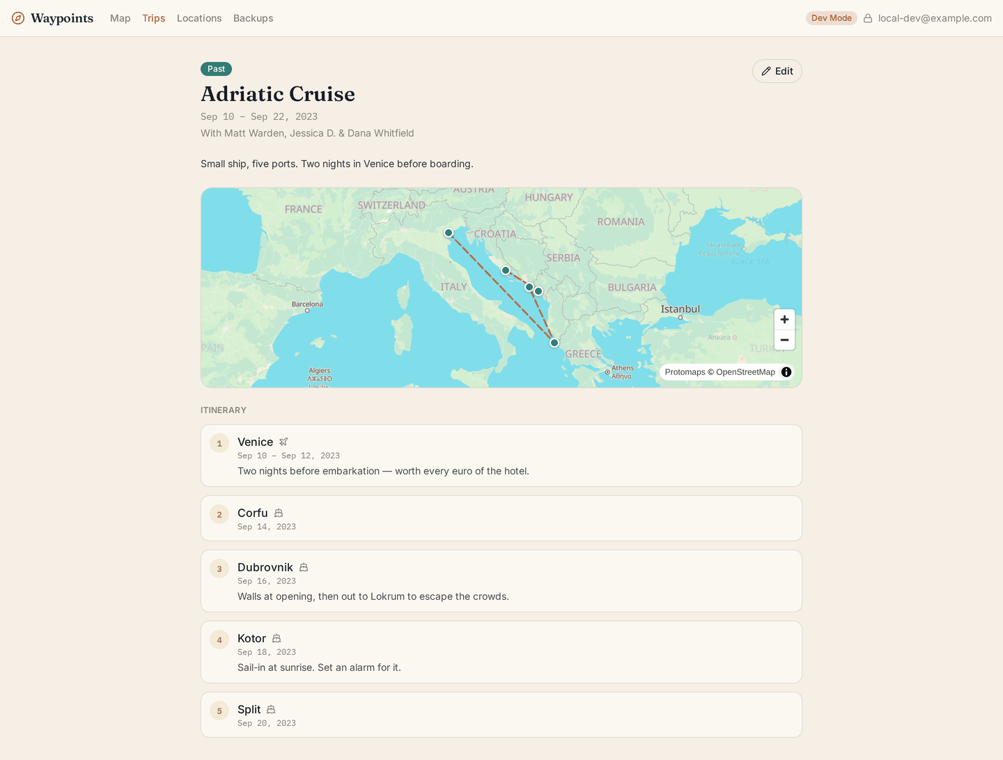 A cruise itinerary: ship glyphs on the port stops, a plane on the pre-boarding night in Venice.