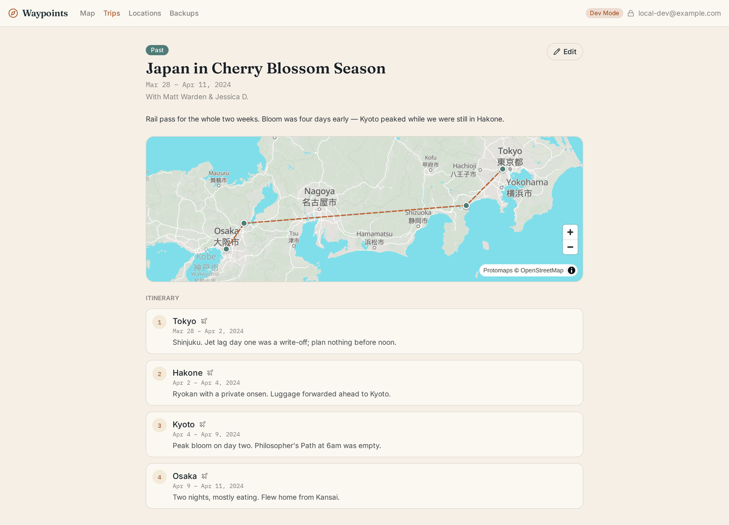 A past trip: route line on a mini-map, then a numbered itinerary with per-stop dates and notes.