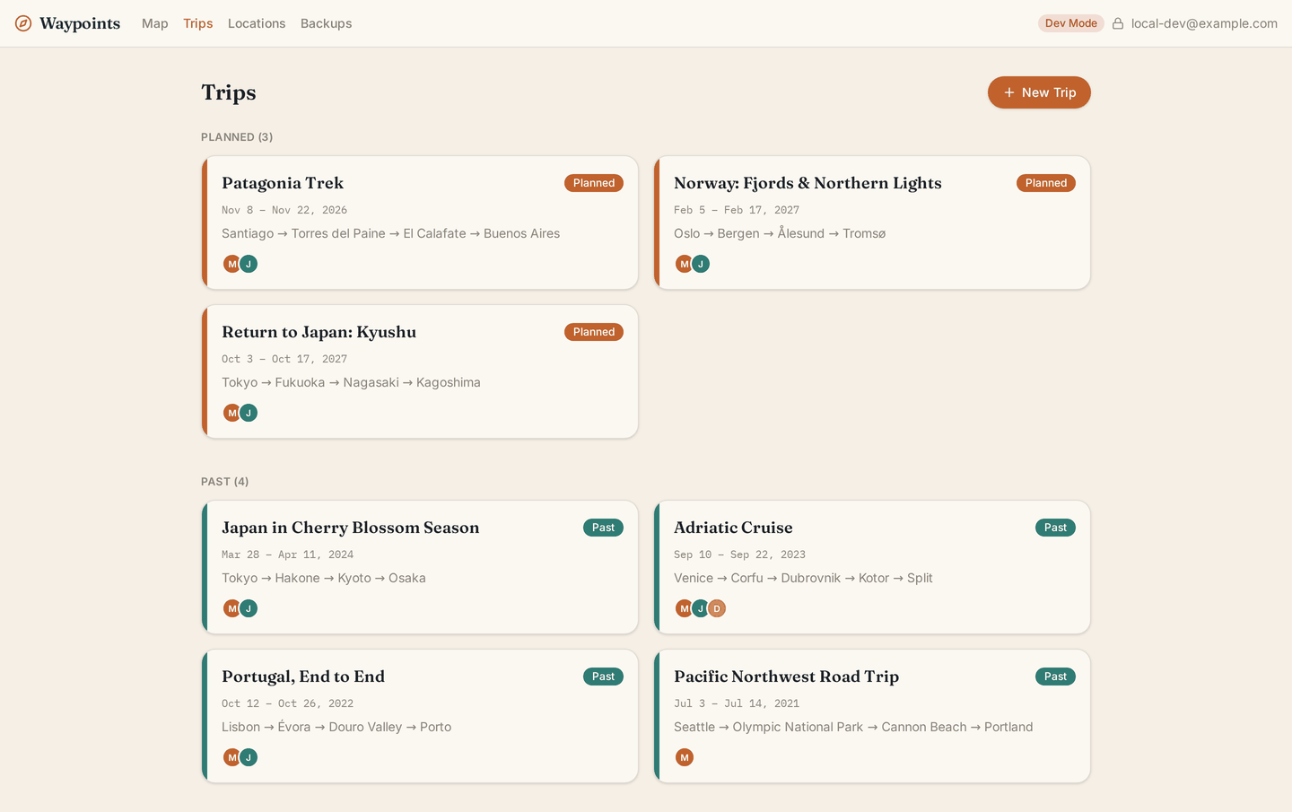 The trips list, grouped into planned and past.