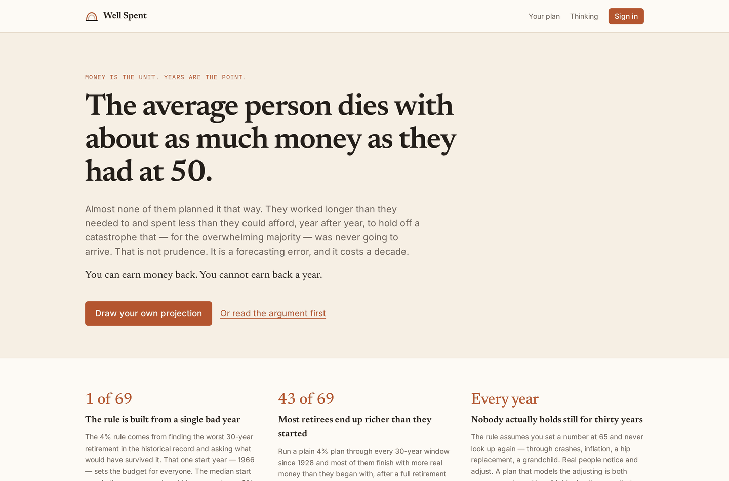 The site's opening argument: "The average person dies with about as much money as they had at 50."